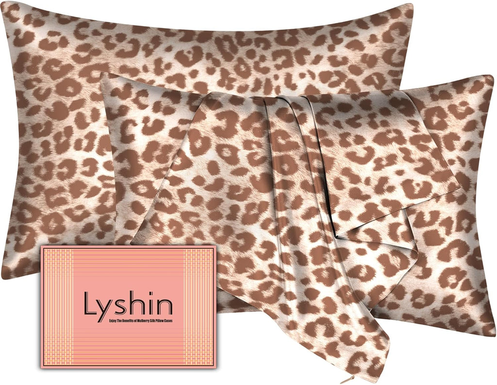 Skiennix Mulberry Silk Pillowcases - King Size 2-Pack with Hidden Zipper | Soft, Breathable Cooling for Hair & Skin - Leopard Beige