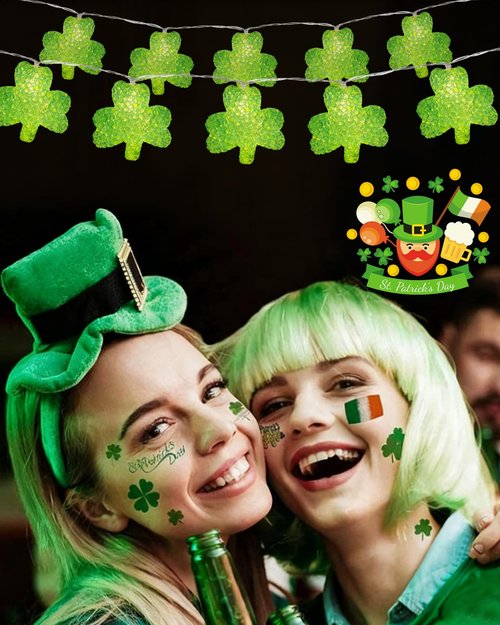Kaszmwin St. Patrick's Day Lights 6.9FT 10 LED Shamrock String Lights with Timer Lucky Clover String Light for St. Patrick's Day Indoor Outdoor Party Irish Holiday Garden Decoration