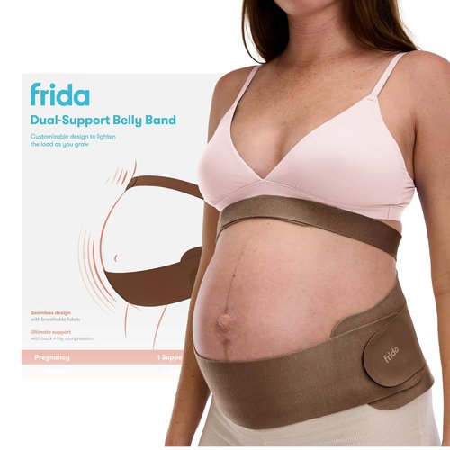 Frida Mom Dual Support Pregnancy Belly Band - Ultimate Back & Hip Support, Adjustable & Breathable, Cocoa, S/M