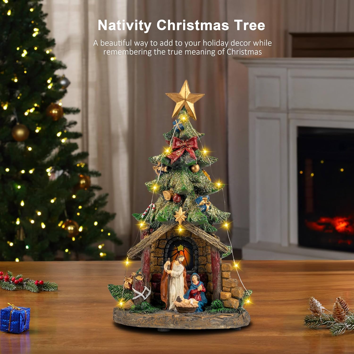 VISFLAIR 12'' Lighted Christmas Tree Nativity Scene - Musical Holy Family Figurines with LED Lights