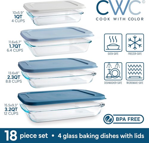 Cook With Color 8-Piece Deep Glass Baking Dish Set - Versatile Casserole & Food Storage Containers | Freezer-to-Oven, Microwave & Dishwasher Safe, Blue