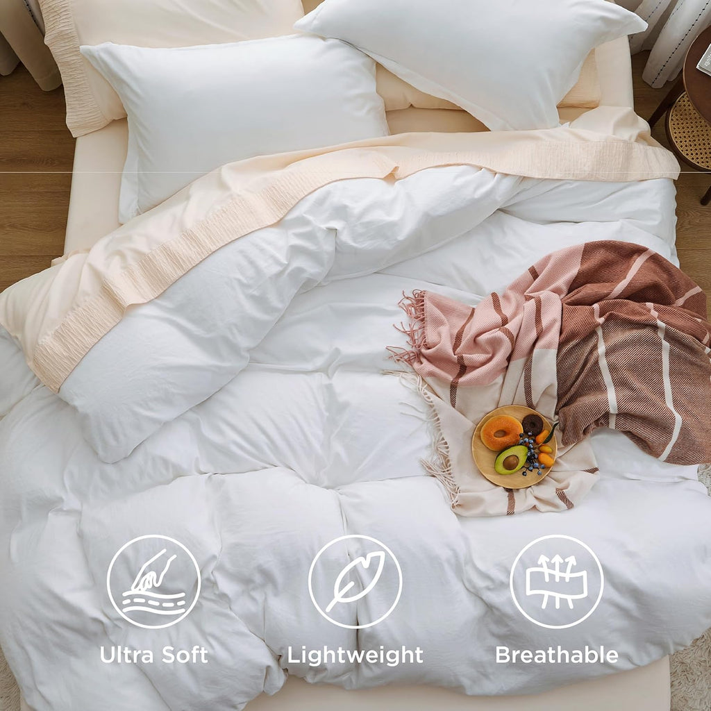 Bedsure White Duvet Cover Set - Extra Soft Prewashed Cotton-Like Polyester | Queen Size 90x90 Inches, 3 Pieces with Zipper Closure