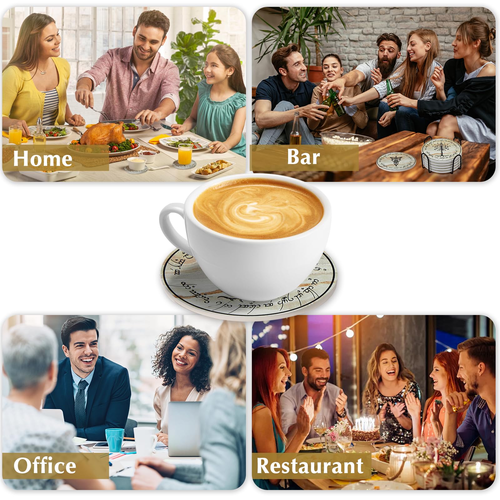 Rings Absorbent Coasters for Drinks,Coasters for Home Decor,6Pcs Rings Stone and Cork Coaster Set with Holder for Coffee Table，Merchandise Gift for Women Men Fans