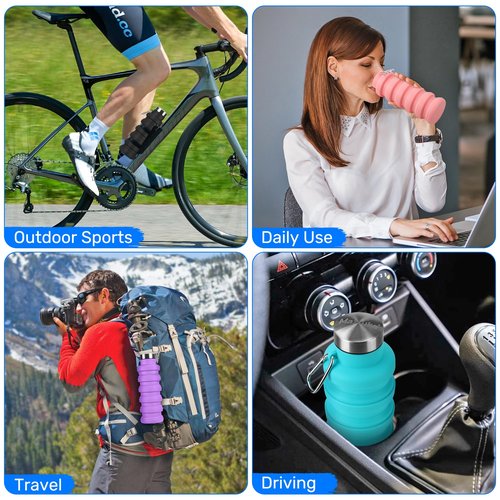 Rotayi Collapsible Water Bottle, 16oz Portable Reusable Silicone Water Bottle, BPA-Free Leak-Proof Foldable Design with Carabiner, Lightweight Durable for Gym, Travel, Camping, Hiking, Sports-Black