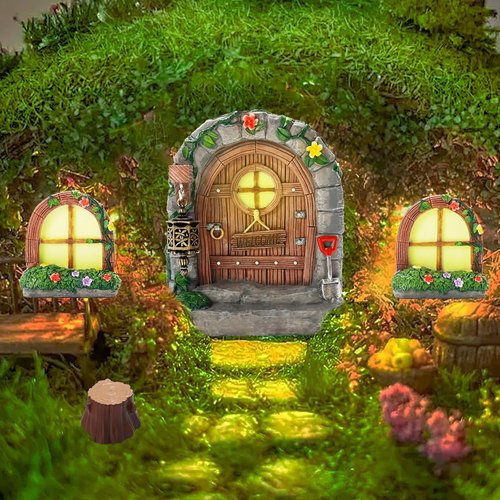 Exasinine Fairy Door Set - 6 Pcs Glow in The Dark Miniature Garden Accessories | Outdoor Decor with Lanterns