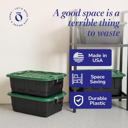 HOMZ 10-Gallon Stackable Storage Bins - Durable Plastic Containers with Latching Handles | Black/Green, 2-Pack