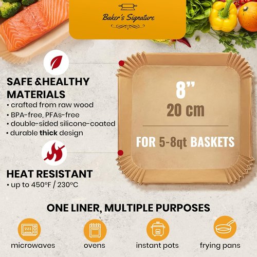 Baker's Signature Air Fryer Paper Liners - 125 Pcs Non-Stick & Oil Proof for Easy Cleanup | 8” Square for 5-8 Qt Baskets