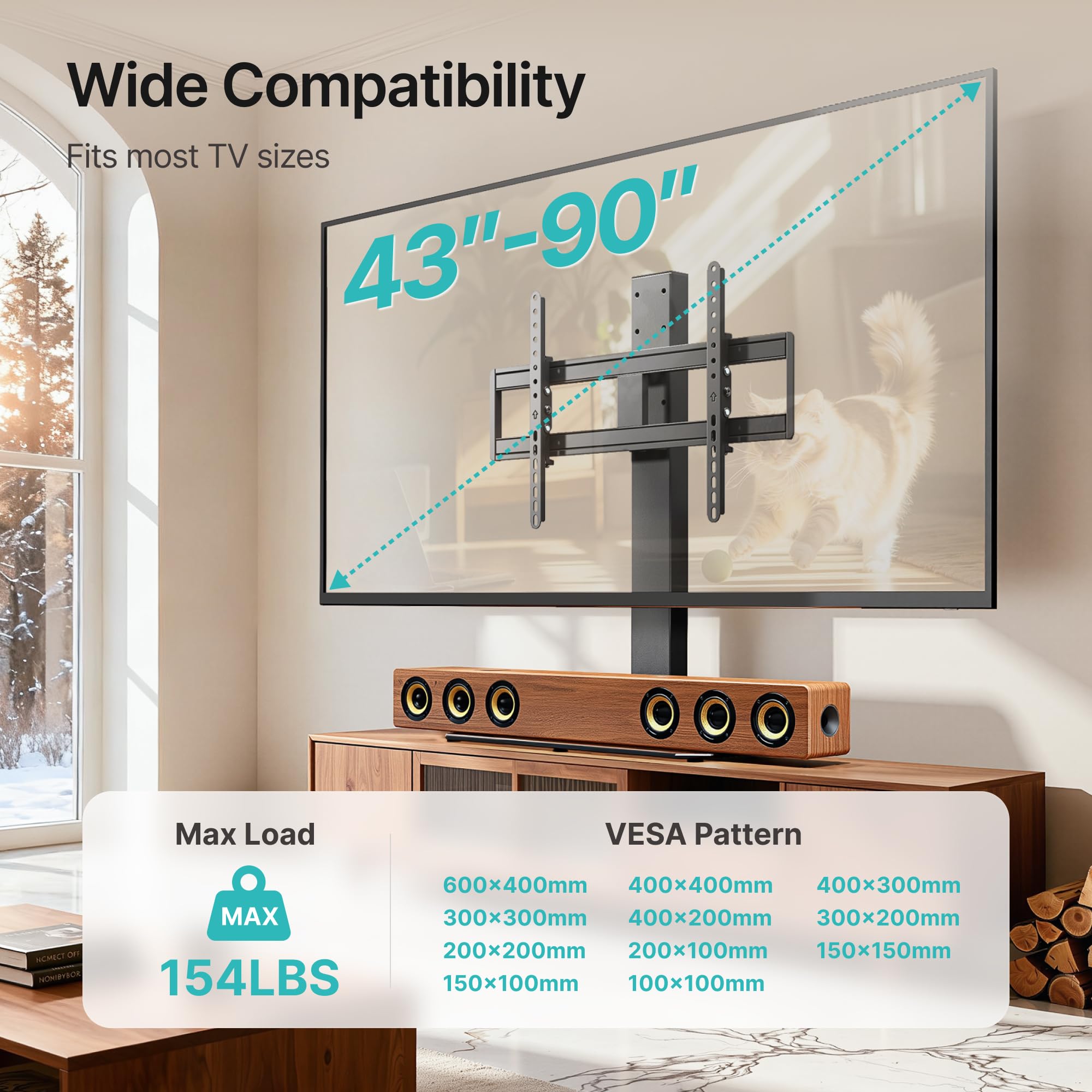 Pegzone Swivel Universal TV Stand with Mount for 43-90'' TVs, Holds 154 lbs, Height Adjustable Large Table top tv Stand, VESA MAX 600x400mm