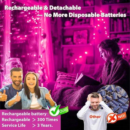 HXWEIYE 6 Pack Rechargeable Fairy Lights - 20 LED Twinkle String Lights with Remote & DIY Timer | 7ft Pink for Weddings & Parties