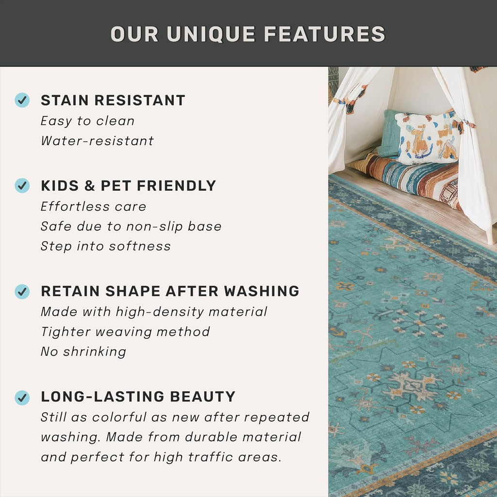 Skiennix 5x7 Teal Rug - Boho Turquoise Living Room Carpet | Washable Non-Slip Design