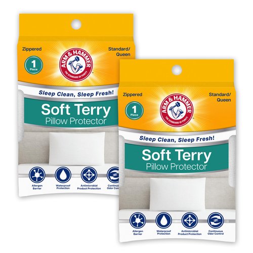 Arm & Hammer Soft Terry Body Pillow Protector, Waterproof, Zipper Closure, White, Standard/Queen, 2-Pack
