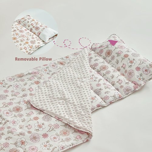 Floral Toddler Nap Mat with Zipper,Detachable Minky Blanket and Removable Pillow,Soft Slumber Bags for Girls,Kids Sleeping Bag for Daycare Preschool Kindergarten,Flower Toddler Sleeping Mat - Pink