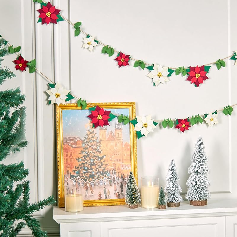 11.5 ft Poinsettia Felt Garland – Red Poinsettia Christmas Garlands for Mantel & Staircase