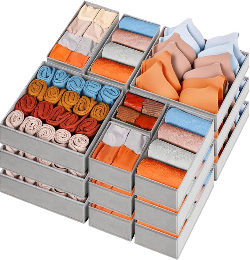 Criusia Drawer Organizers - 15 Pack Foldable Fabric Storage Bins for Baby Clothes & Adult Socks | Grey