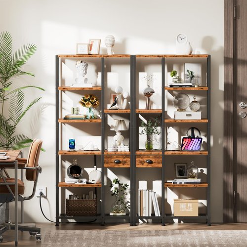 Furologee 6 Tier Bookshelf with USB Ports and Power Outlet, Double Tall Book Shelf with Drawer, Wide FreeStanding Shelf Units, Reversible Storage Rack for Bedroom, Living Room, Bathroom, Rustic Brown