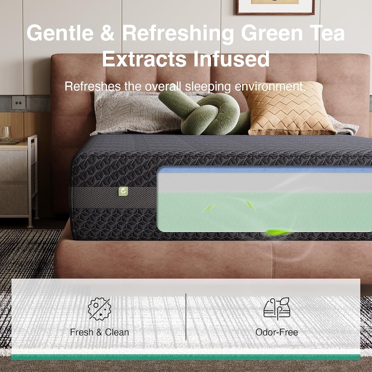 Novilla 14 Inch Queen Gel Memory Foam Mattress - Green Tea-Infused for Pressure Relief & Support