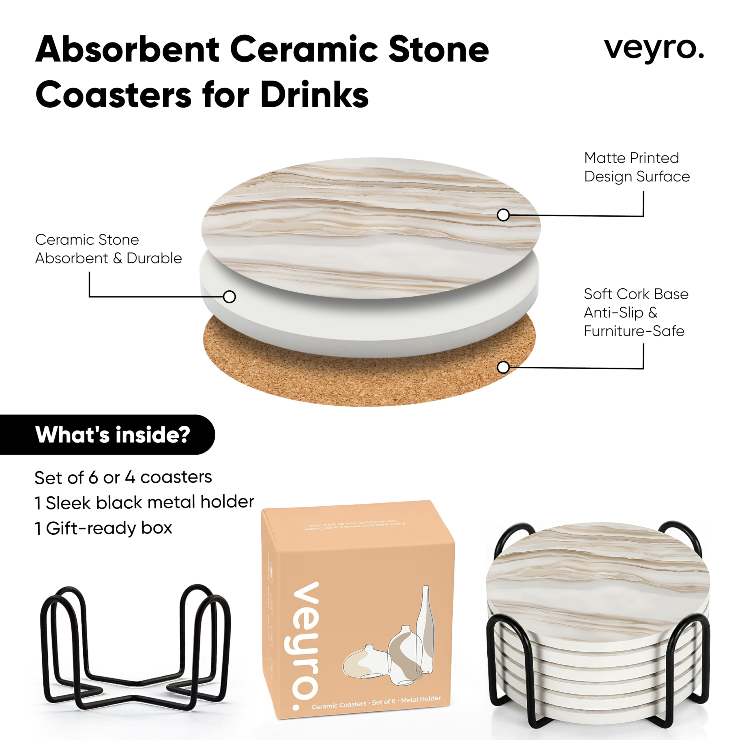 VEYRO Ceramic Coasters Set of 6 – Absorbent Stone Drink Coasters with Holder, Non-Slip Cork Backing, Modern Marble Look Coasters for Coffee Table, Desk & Home Decor