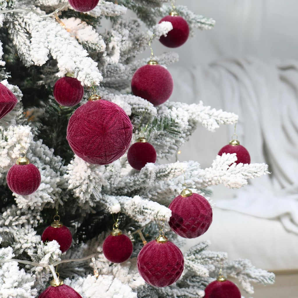 Super Holiday Velvet Christmas Ornaments Set - 35PCS Flocked Shatterproof Hanging Decorations | Burgundy