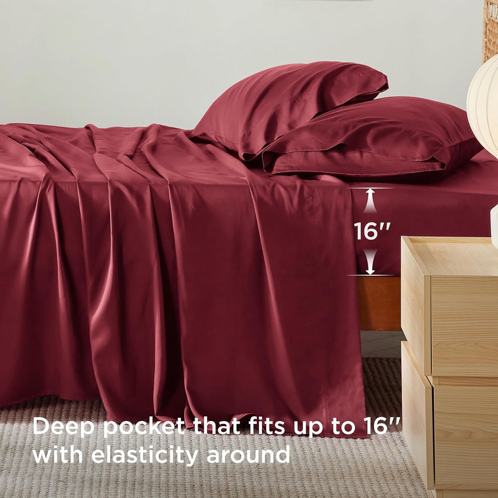 Bedsure Cooling Twin Sheets - Breathable Rayon from Bamboo, Soft & Silky, Deep Pocket Up to 16 Inches, Burgundy
