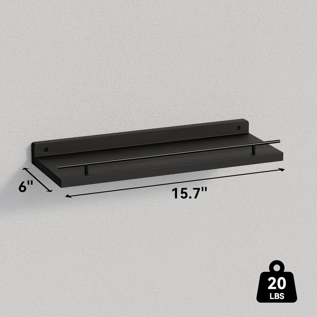 WOPITUES Floating Wall Shelves - Set of 3 with Black Metal Guardrail for Bedroom, Bathroom, Kitchen, Living Room Decor