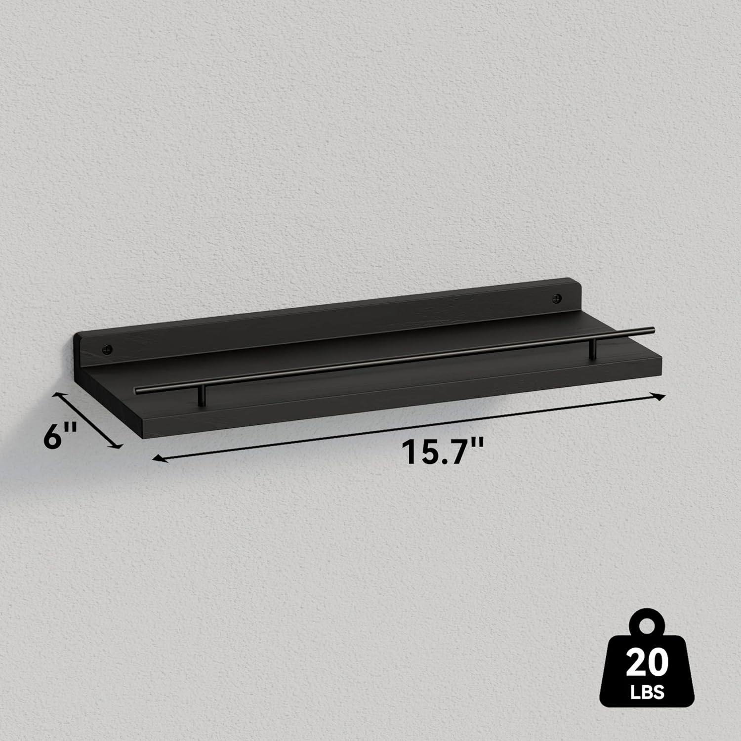 WOPITUES Floating Wall Shelves - Set of 3 with Black Metal Guardrail for Bedroom, Bathroom, Kitchen, Living Room Decor