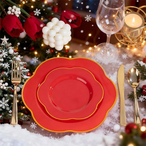 Liacere 100PCS Red Plastic Plates - 50 Guests Red and Gold Disposable plastic plates Heavy Duty - 50 Dinner (10.25") 50 Dessert (7.5") Plate - BPA-Free Food - Safe for Party & Valentine's Day