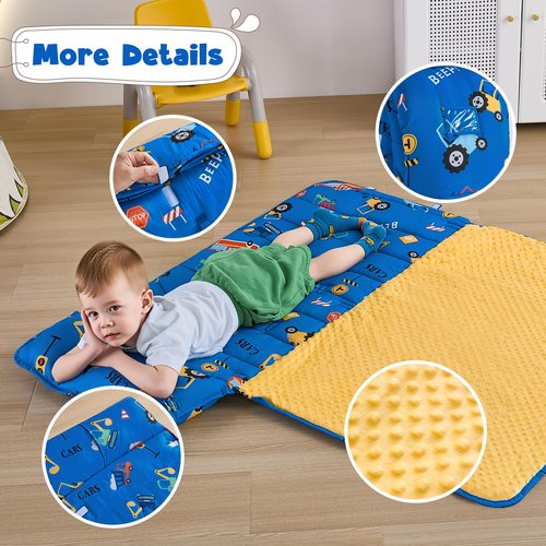 DJY Toddler Nap Mat Blue Car Slumber Bag,Kid Sleeping Mat with Removable Pillow & Minky Blanket,Perfect for Daycare,Preschool,Kindergarten,Travel