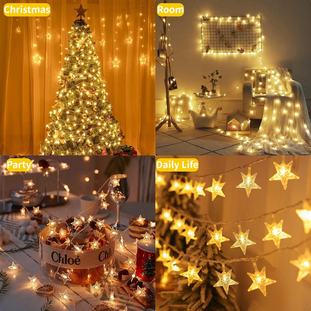 Star String Lights - 50 LED Twinkle Lights | 17 ft Battery Operated Fairy Lights for Kids' Bedroom, Wedding, Patio Decor - Warm White