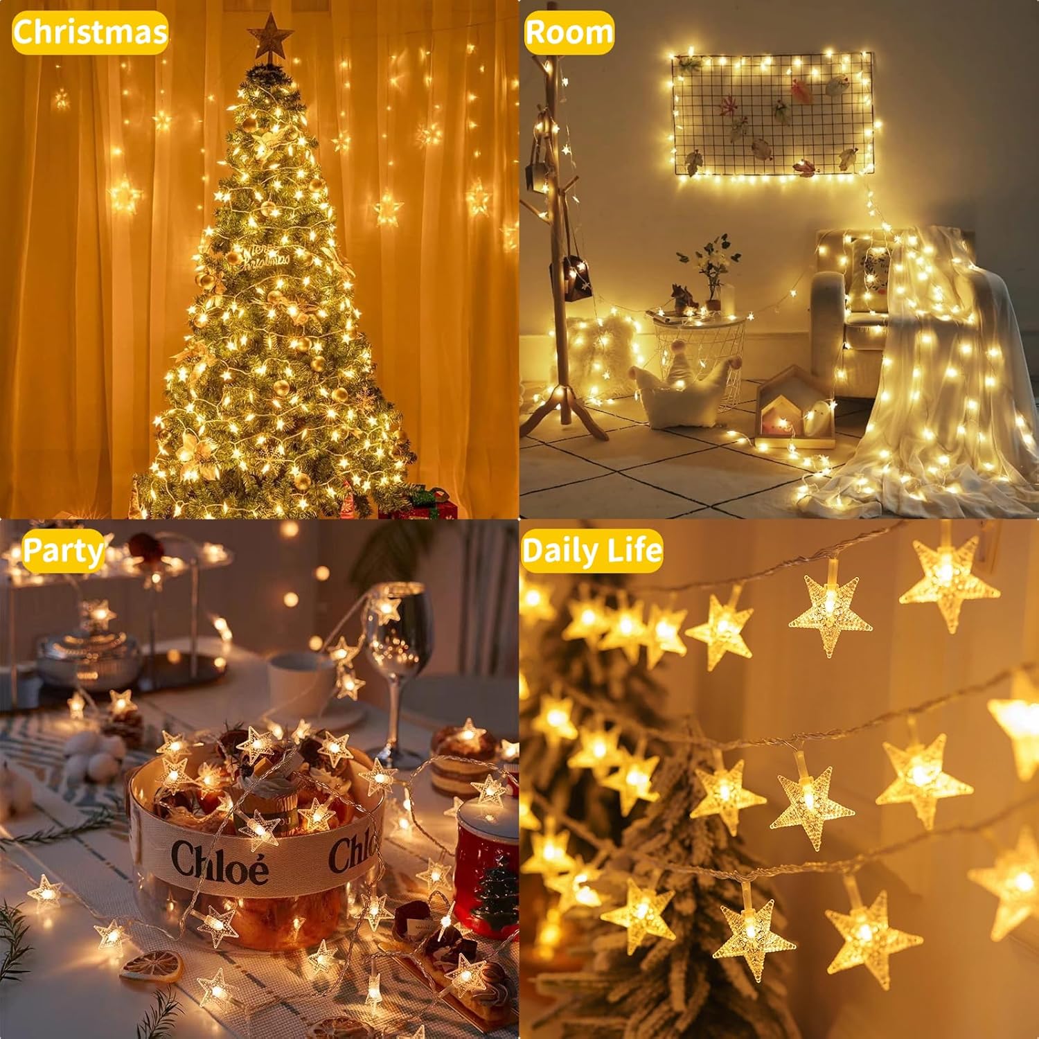 Star String Lights - 50 LED Twinkle Lights | 17 ft Battery Operated Fairy Lights for Kids' Bedroom, Wedding, Patio Decor - Warm White