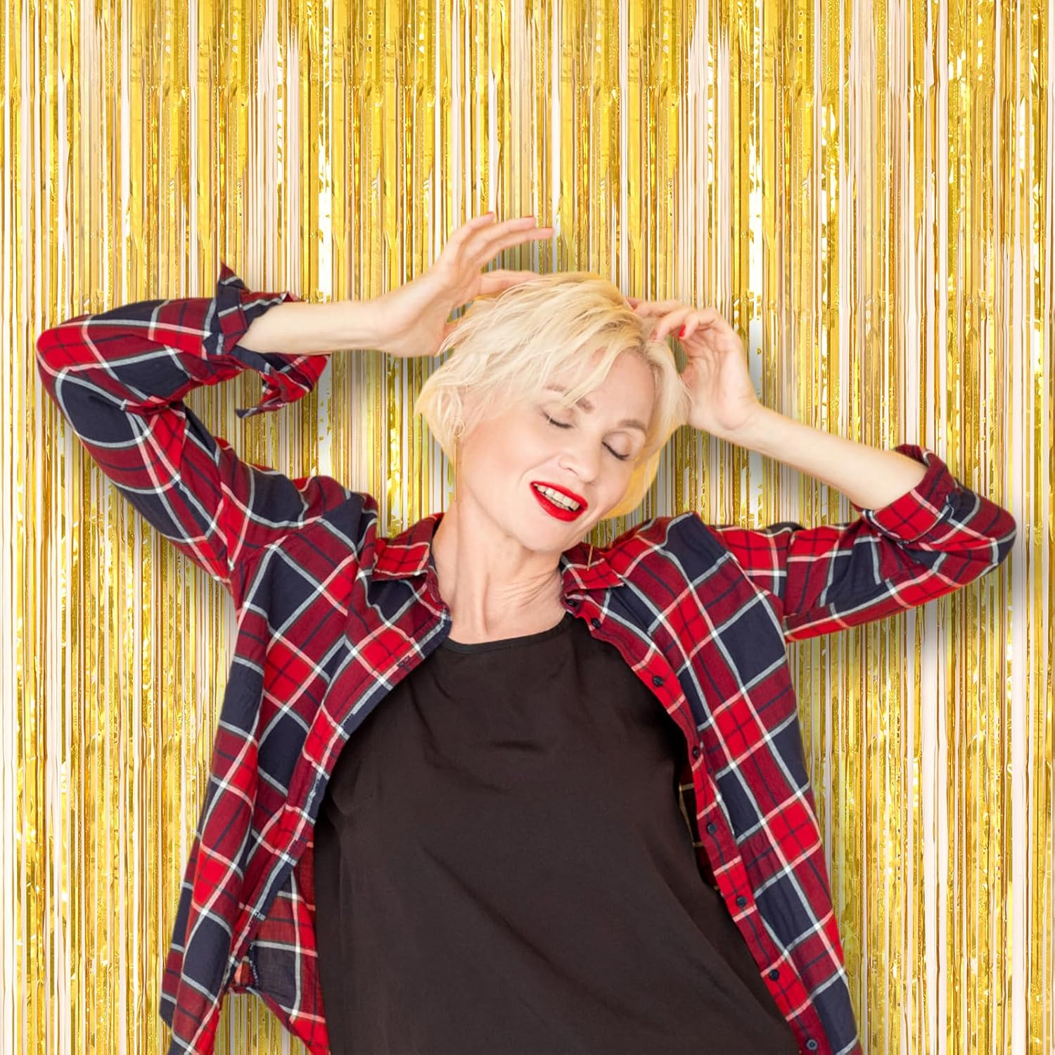 Voircoloria Laser Gold Foil Fringe Backdrop Curtains - 3 Pack Tinsel Streamers for Parties | 3.3 x 8.2 ft
