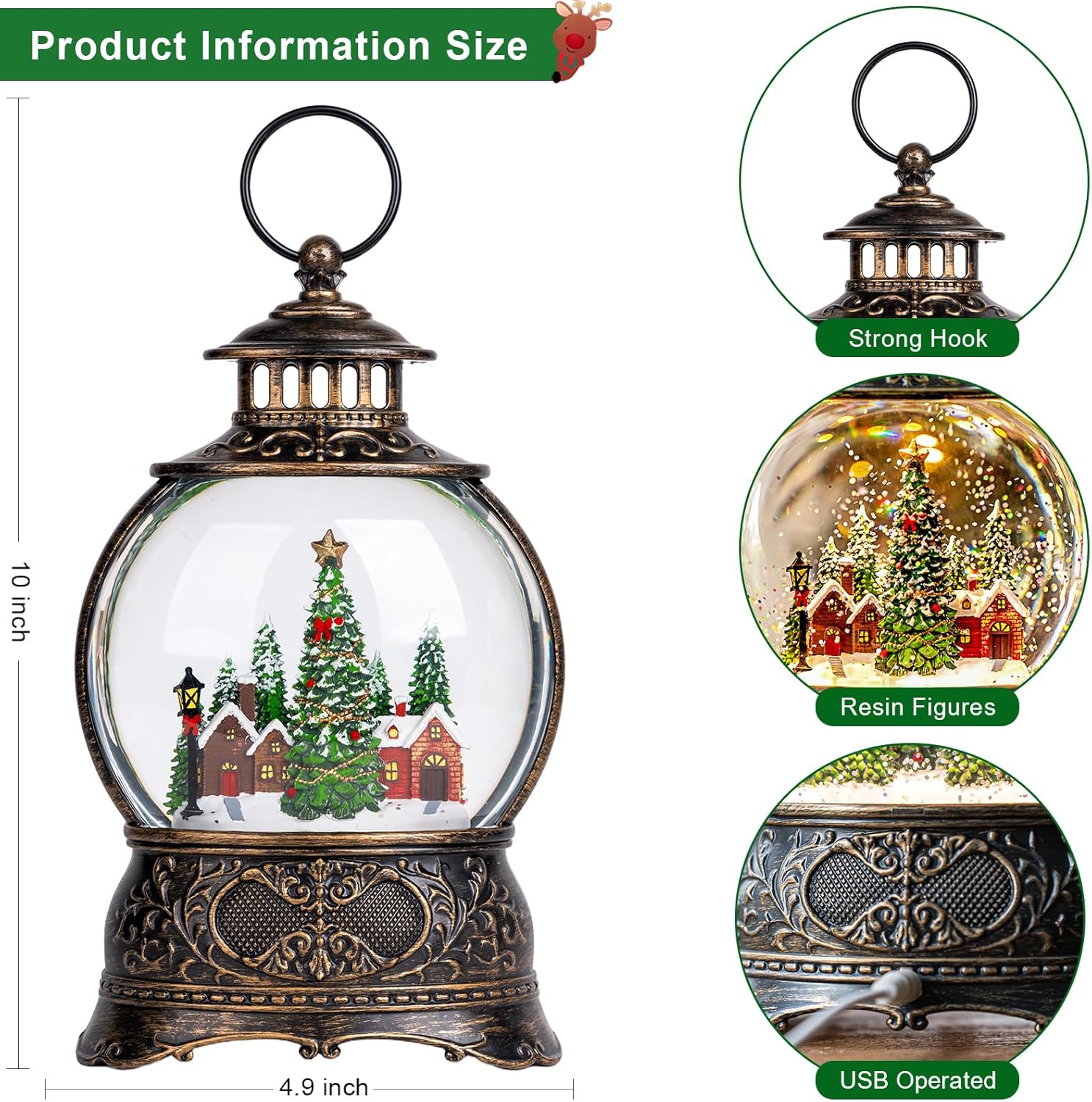 Regine Switzerland Christmas Snow Globe Lantern - Musical Water Lantern with Timer & USB/Battery Operated | Festive Village Decor