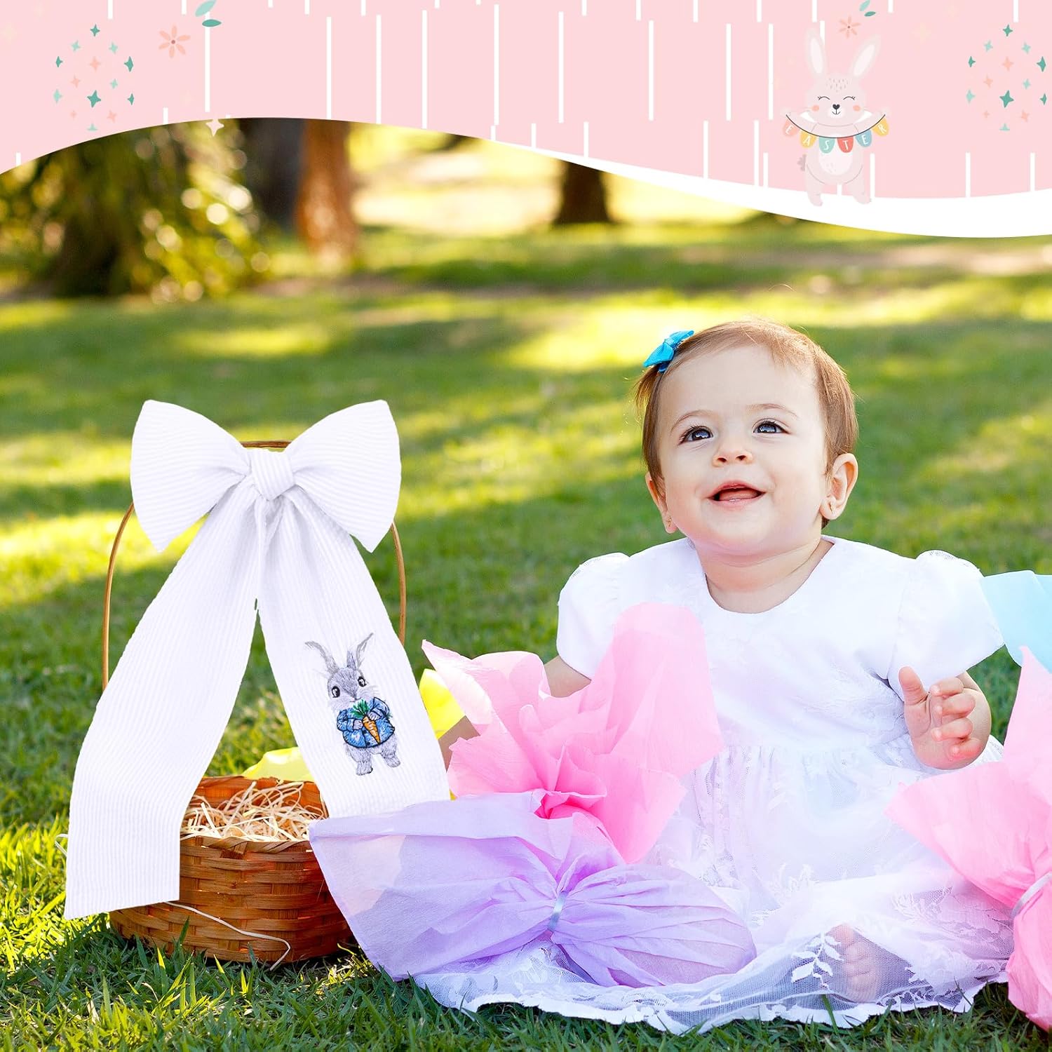 Wavwavw Seersucker Easter Basket - Embroidered Bunny Design with Large Pastel Gift Bow