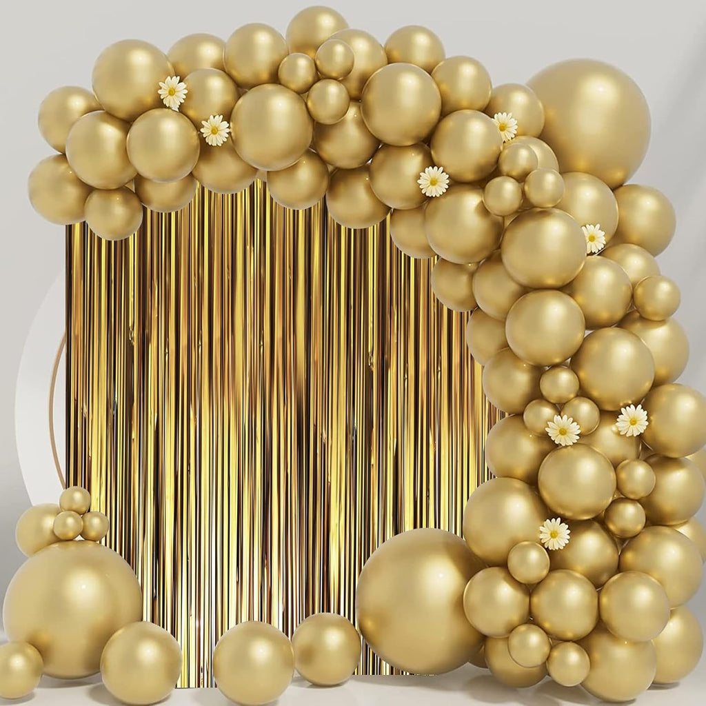 Voircoloria Matte Dark Gold Foil Fringe Backdrop Curtains - 3 Pack Tinsel Streamers for Parties & Events