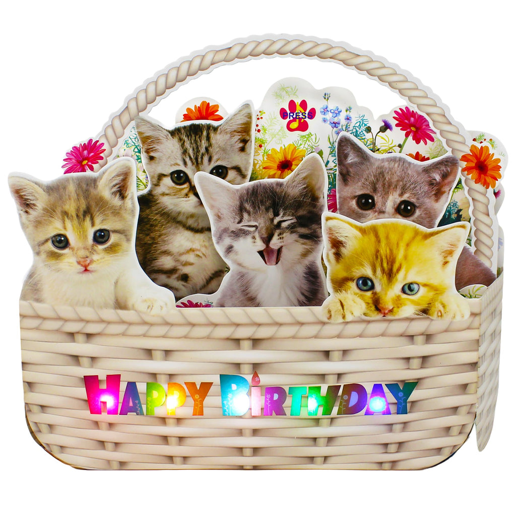 Miss Girlie Girl Musical Cat Birthday Pop-Up Card with LED Lights – 2 Happy Birthday Songs Meows & Violin – Cute Kittens in Flower Basket – Light Up 3D Greeting Card for Cat Lovers, Kids, Women, Friends