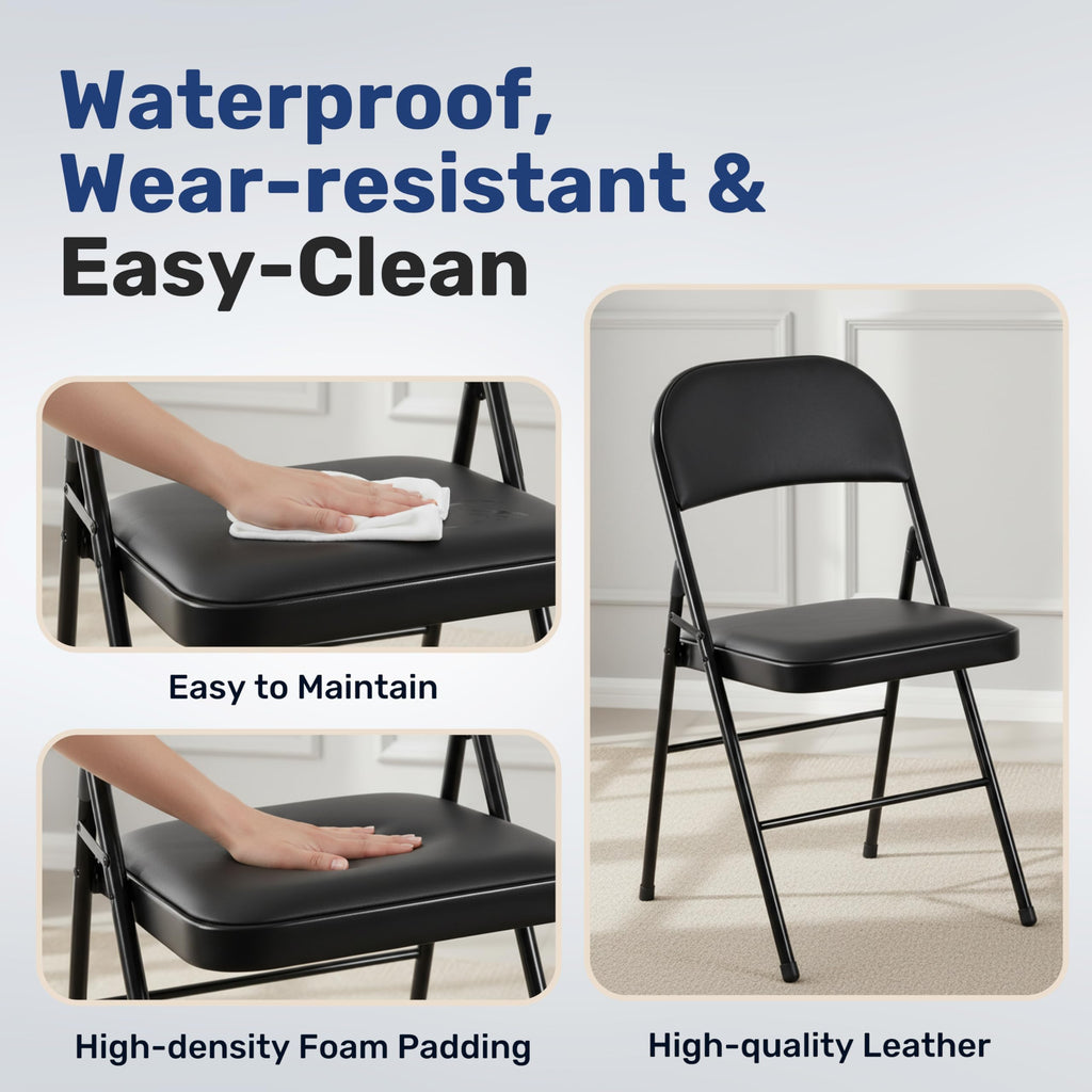 Simple Deluxe Dining Chairs Set of 4, Leather Cushion Foldable Contemporary Kitchen Side Chair with Padded Back & Sturdy Metal Legs, Upholstered Seat for Home/Living Room/Bedroom/Cafe, Black