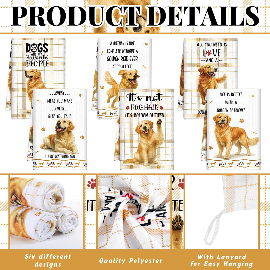 Redbaker 6 Pcs Golden Retriever Kitchen Towels Funny Dish Towel Gifts for Golden Retriever Lovers Kitchen Hand Tea Dishcloth Dog Owner Decorative with Hanging Loop for Christmas Home Housewarming Gift