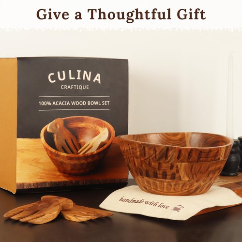 Culina Craftique Wooden Salad Bowl set - with Serving Utensils — 11" Large Acacia Wood Bowls For Food, Fruit | Mixing Pasta — Easy To Clean — For Hosting, Kitchen Decor, Gifts — With Placemat
