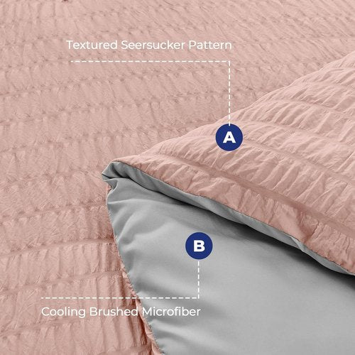 HYMOKEGE Queen Comforter Set - Luxury 7-Piece Seersucker Bedding in Rose Gold & Light Grey