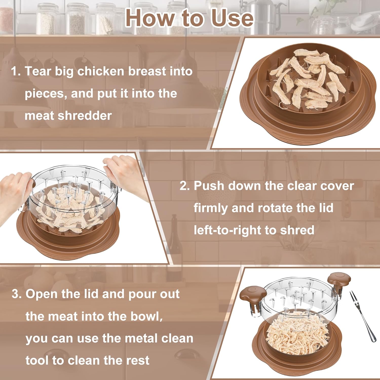 Skiennix Chicken Shredder - Ergonomic Meat Shredder Tool with Brush & Fork | BPA-Free, Brown