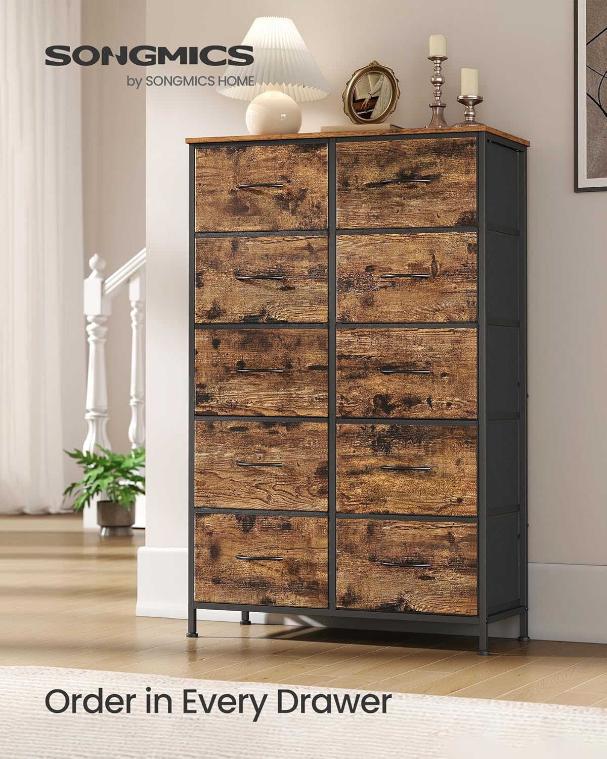 SONGMICS Dresser - 10-Drawer Storage Organizer Unit for Bedroom | Rustic Brown & Ink Black Finish
