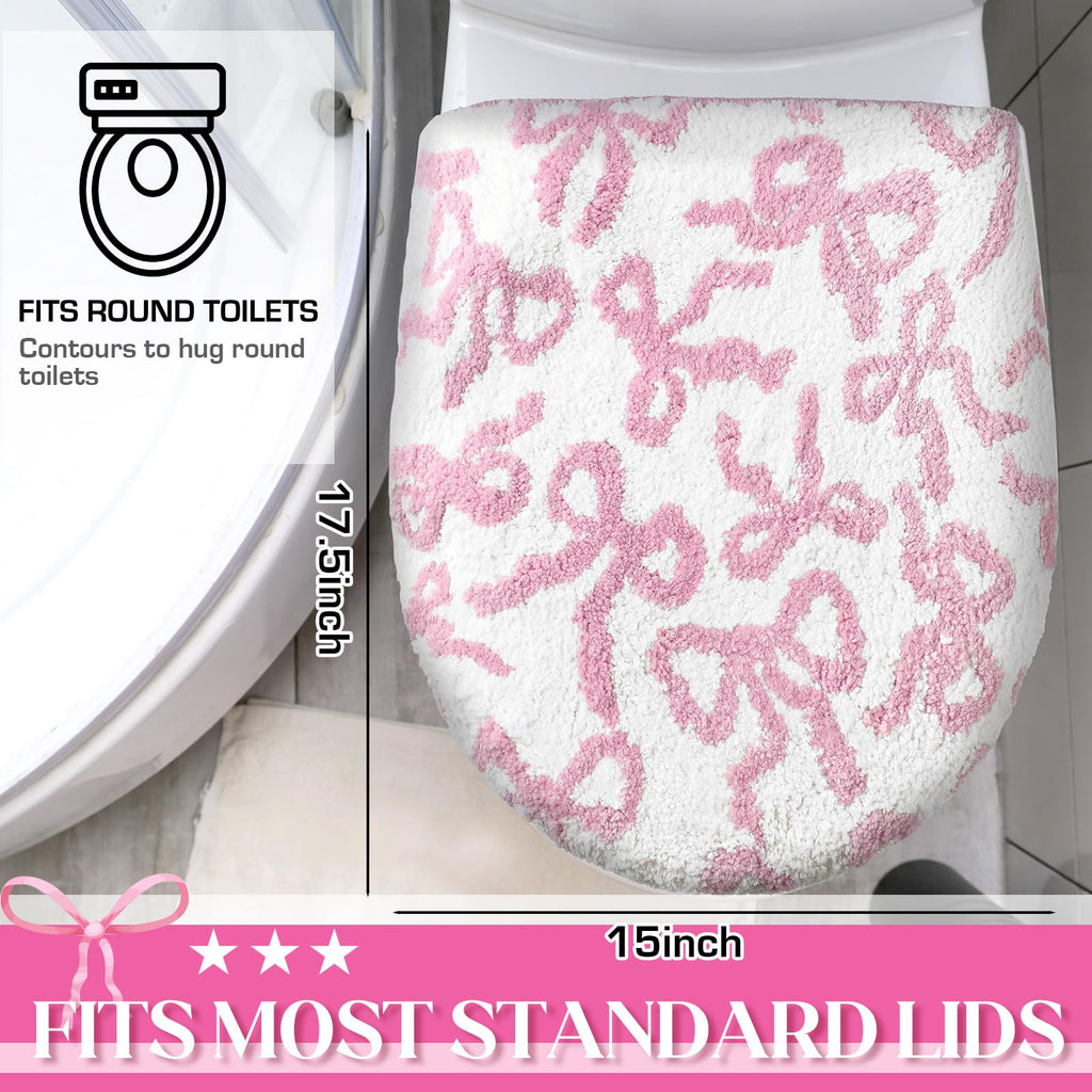 SmoothNovelty Toilet Lid Cover Washable Coquette Cute Plush Toilet Cover for Bathroom Decor Soft Microfiber 17.5 x 15 Inch Non Slip Rubber Backing Fits Most Round, Elongated(Rose Pink,Bow)