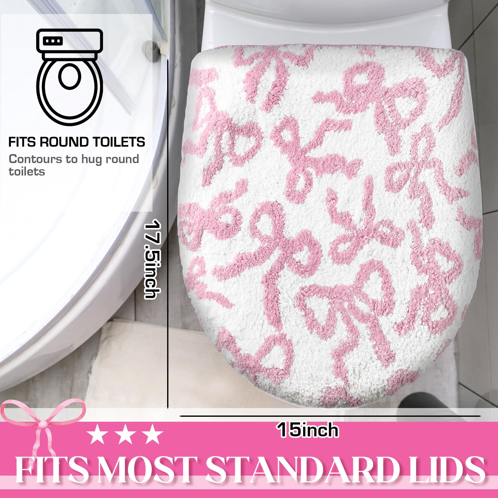 SmoothNovelty Toilet Lid Cover Washable Coquette Cute Plush Toilet Cover for Bathroom Decor Soft Microfiber 17.5 x 15 Inch Non Slip Rubber Backing Fits Most Round, Elongated(Rose Pink,Bow)