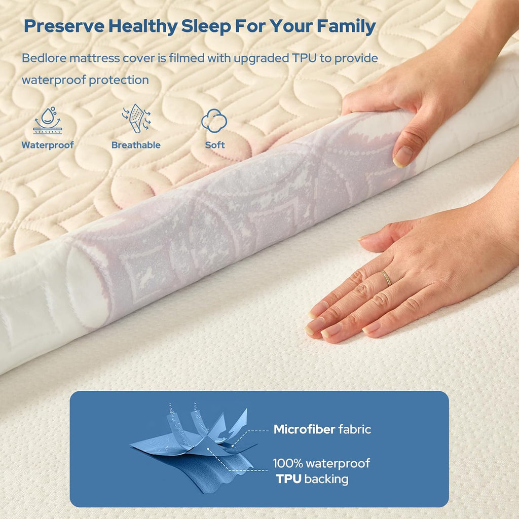 BEDLORE Waterproof Mattress Protector - Noiseless Queen Size Pad with Deep Pocket 6"-18" Depth | Soft, Breathable, Washable Cover (Beige)