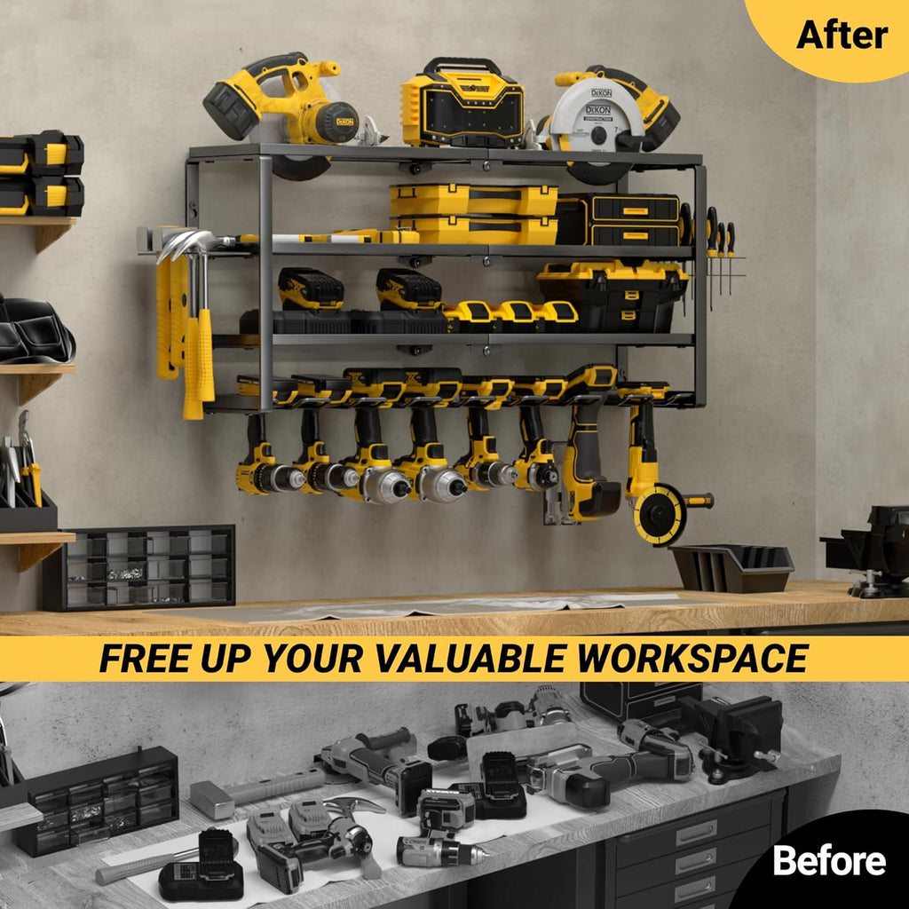 YYR Power Tool Organizer - 4 Layer Wall Mount Storage Rack with Charging Station | 32 Inch, 8 Slots for Garage & Workshop