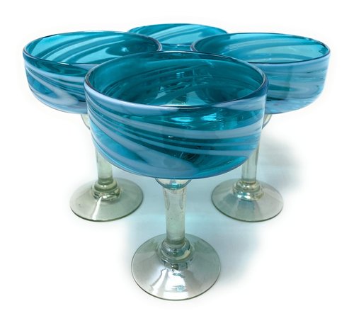 Dos Sueños Mexican Hand Blown Glass – Set of 4 Hand Blown Margarita Glasses Aqua Swirl (16 oz)
