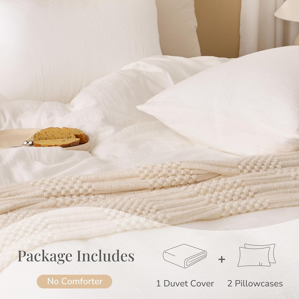 Skiennix Off White Duvet Cover Set - 100% Sandwashed Cotton, Soft & Cozy | Queen Size 90 x 90 Inches