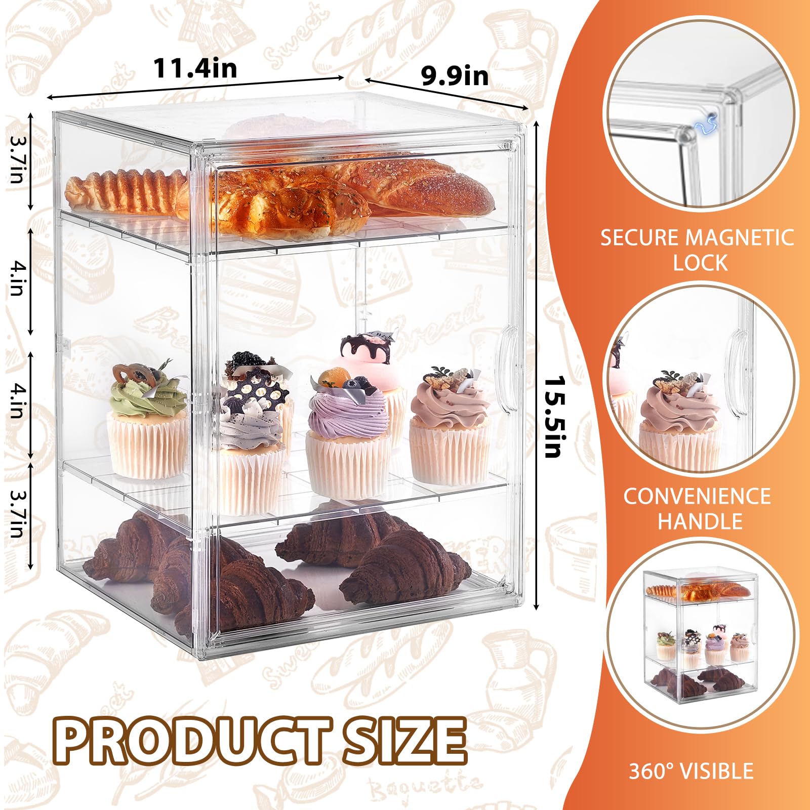 ToBeAce Pastry Display Case, Large Bread Box for Kitchen Countertop, 4 Layers Adjustable Bakery Display Case, Clear Breadbox for Baked Goods Cookie Dessert Cupcake Kitchen Counter, 2 Pack