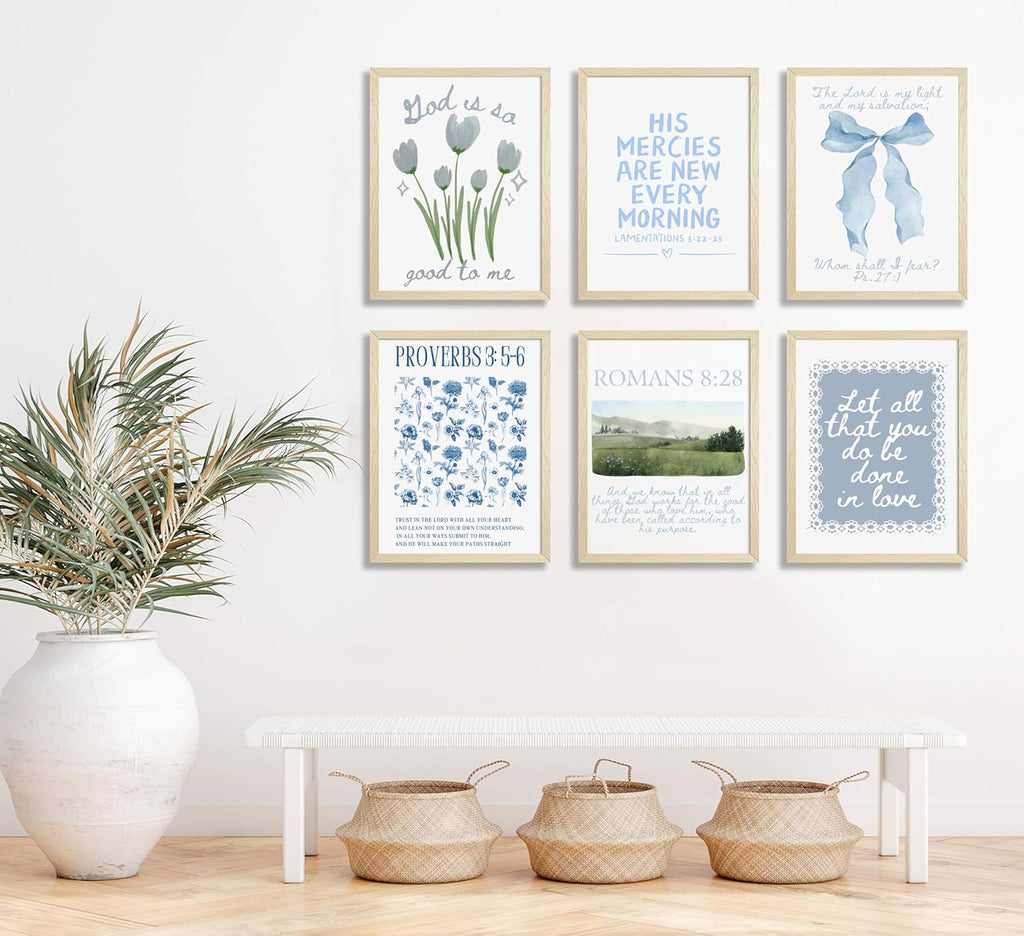 Skiennix Set of 6 Trendy Blue Christian Canvas Wall Art - Inspirational Bible Verses for Girls' Room