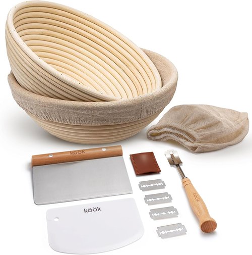 Kook Banneton Bread Proofing Basket - 12-Piece Sourdough Kit with Liners & Scrapers - 9-Inch Natural Rattan Set of 2