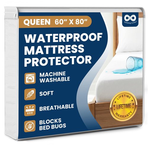 Everlasting Comfort Premium Queen Size Mattress Protector - Waterproof & Hypoallergenic, Noiseless Design, Washable Cover, 18" Deep Pocket, Bed Bug & Dust Mite Proof Cover for Sleep Hygiene